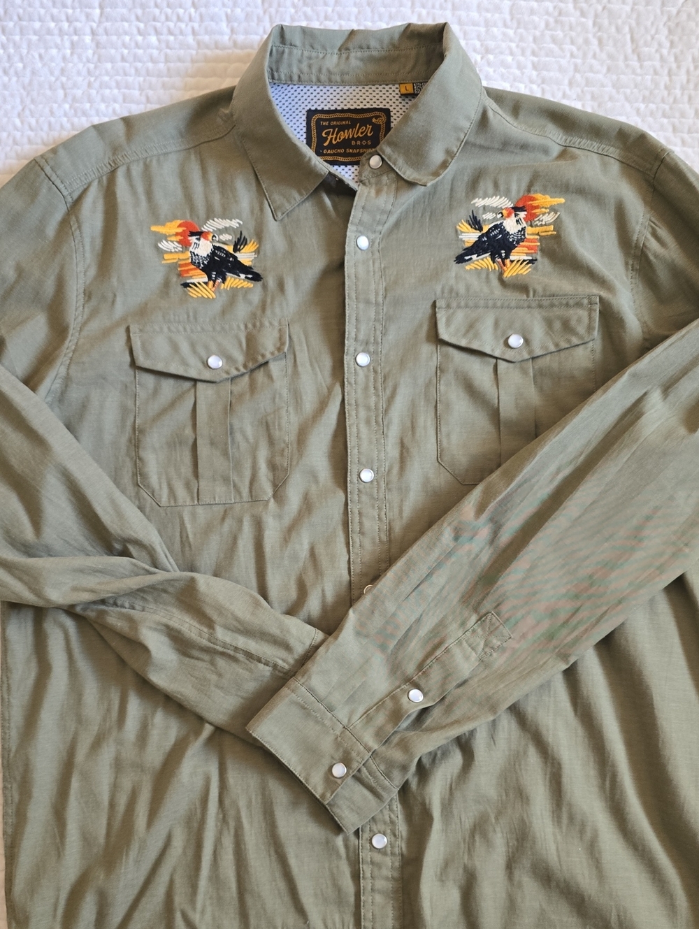 Howler Brothers Olive Embroidered Western Gaucho Button-Down Shirt - Mens Size L
